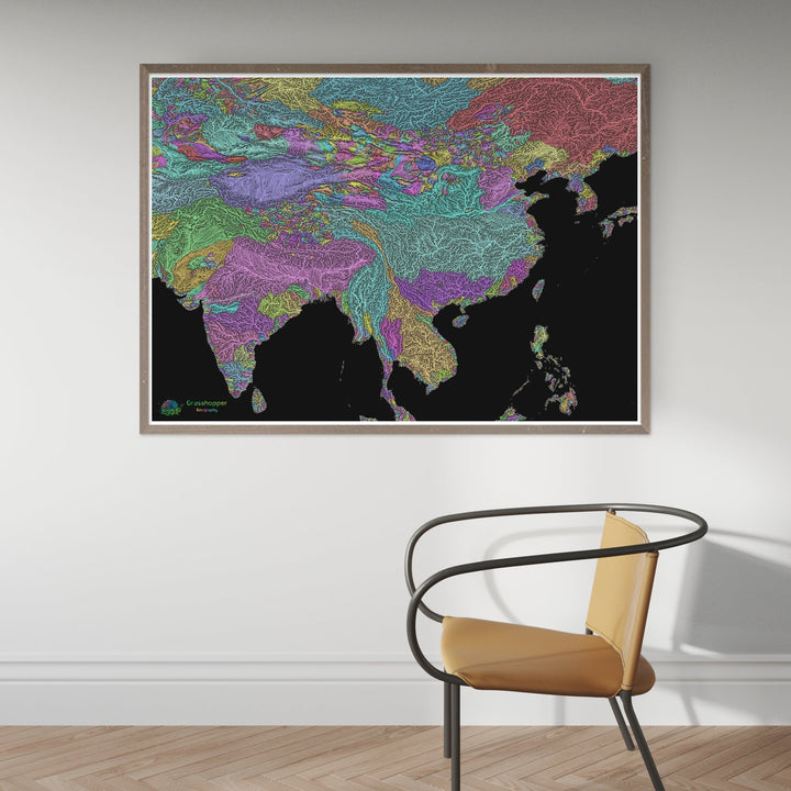 River basin map of India and China, pastel colours on black - Fine Art Print