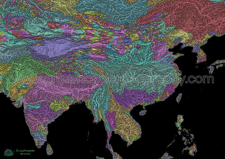 Inde et Chine - Carte des bassins fluviaux, pastel sur noir - Fine Art Print