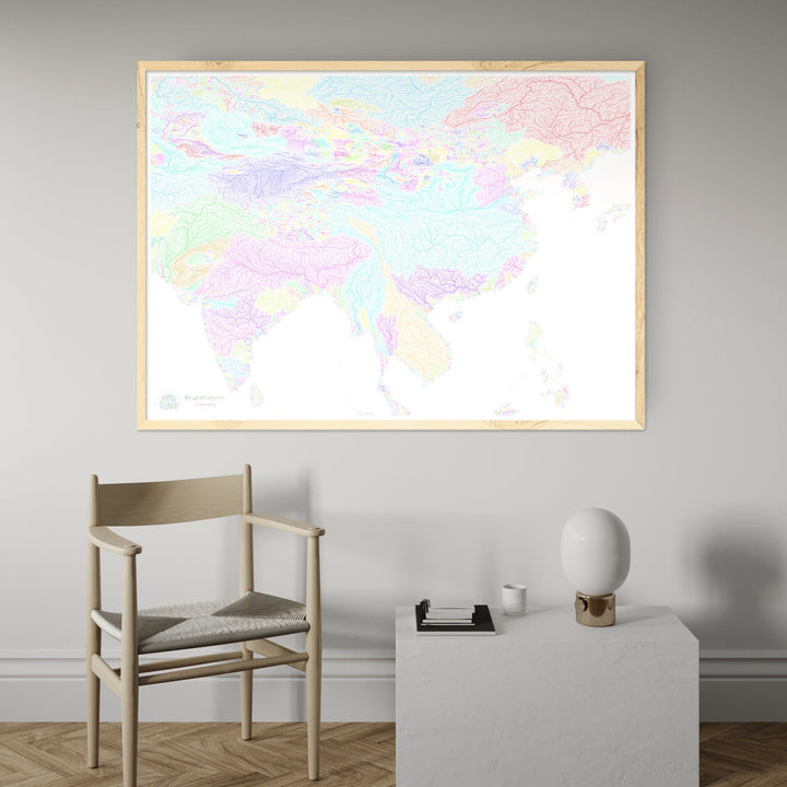 River basin map of India and China, pastel colours on white - Fine Art Print