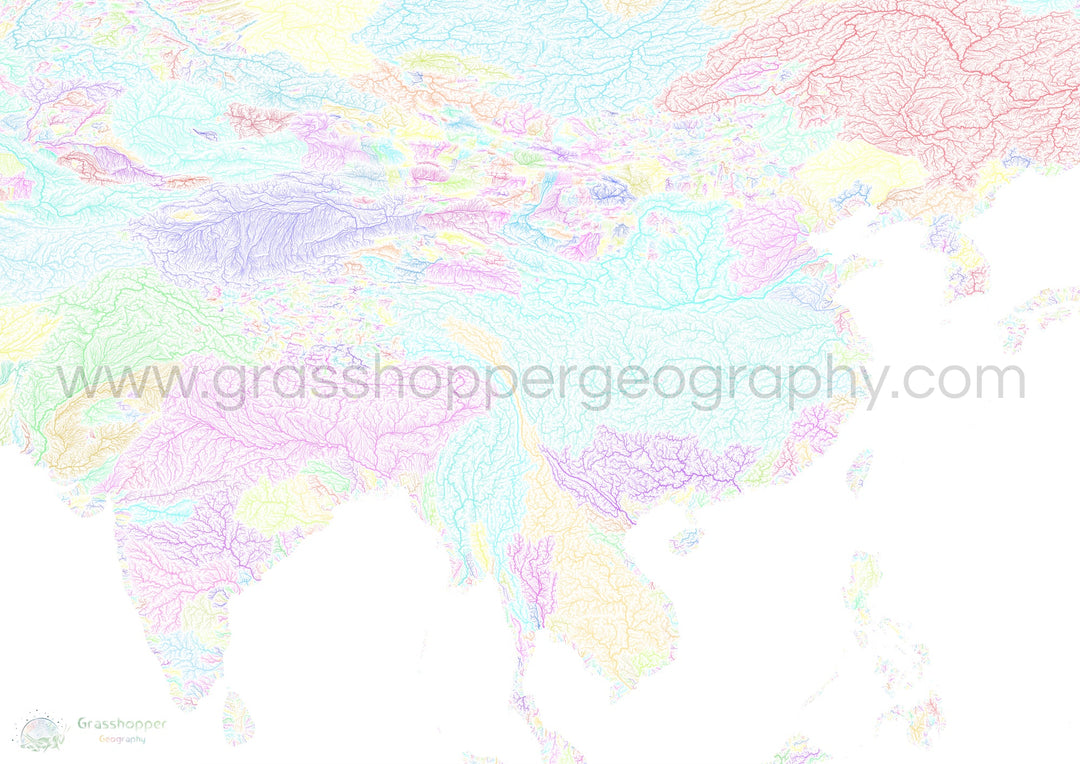 Inde et Chine - Carte des bassins fluviaux, pastel sur blanc - Fine Art Print