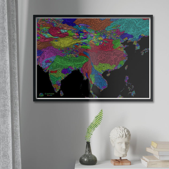 India y China - Mapa de cuencas fluviales, arco iris sobre negro - Impresión de Bellas Artes