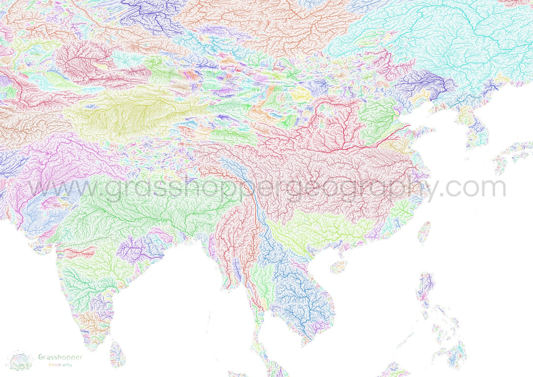 Inde et Chine - Carte des bassins fluviaux, arc-en-ciel sur noir - Fine Art Print