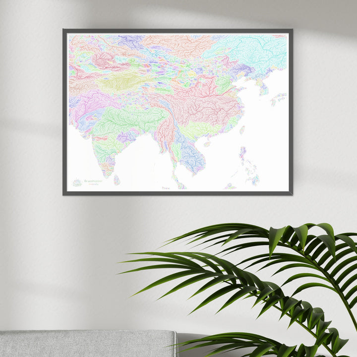 India y China - Mapa de cuencas fluviales, arco iris sobre blanco - Impresión de Bellas Artes