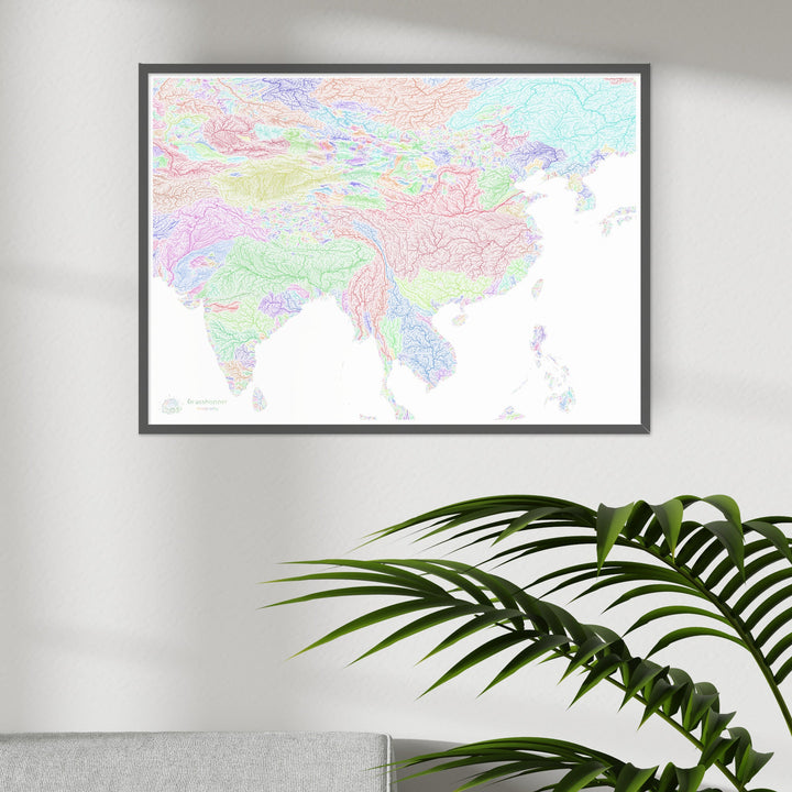 Inde et Chine - Carte des bassins fluviaux, arc-en-ciel sur blanc - Fine Art Print