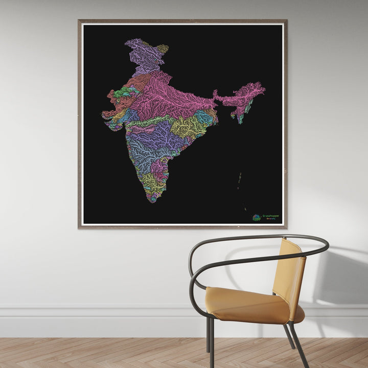 India - Mapa de la cuenca fluvial, pastel sobre negro - Impresión de Bellas Artes