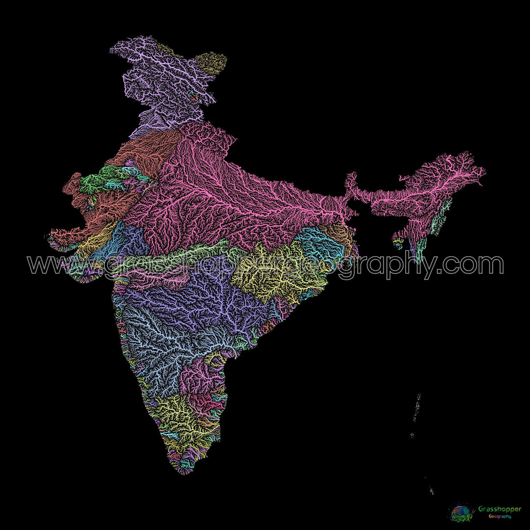 Inde - Carte des bassins fluviaux, pastel sur noir - Fine Art Print