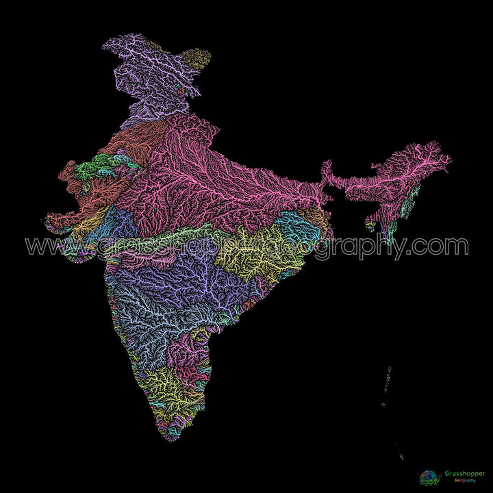 भारत - नदी बेसिन मानचित्र, काले रंग पर पेस्टल - फाइन आर्ट प्रिंट