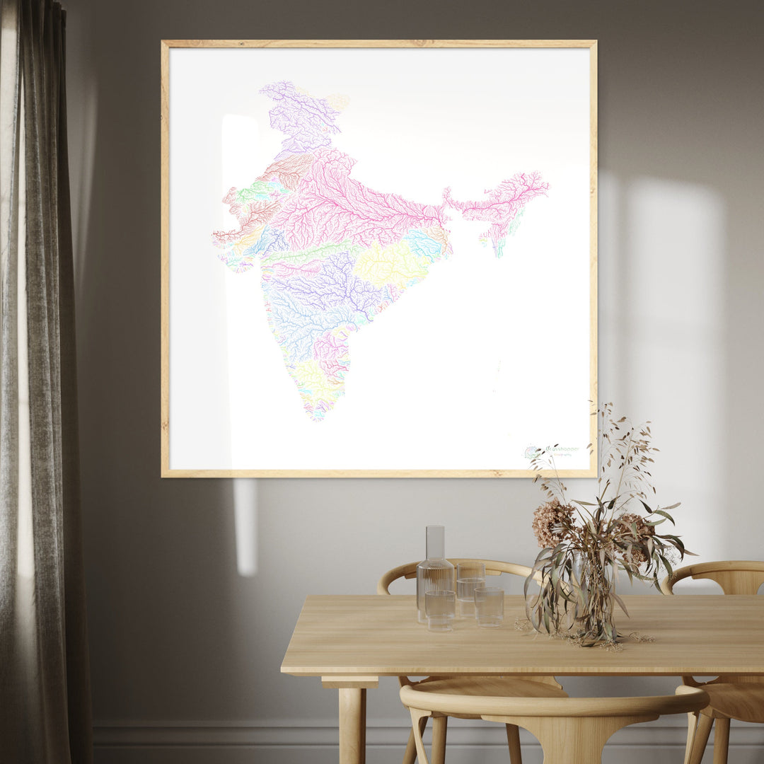 River basin map of India, pastel colours on white - Fine Art Print