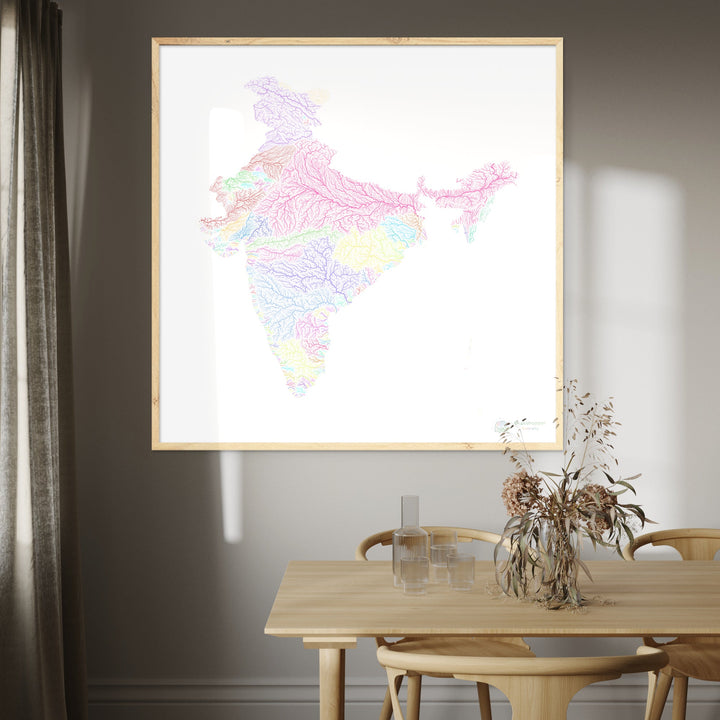 Inde - Carte des bassins fluviaux, pastel sur blanc - Fine Art Print