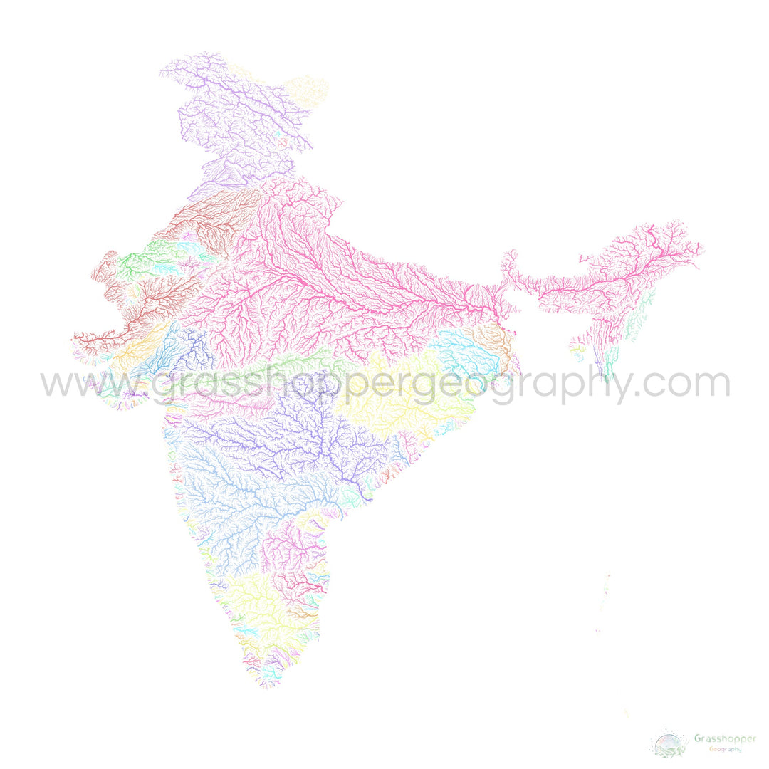 भारत - नदी बेसिन मानचित्र, सफ़ेद पर पेस्टल - फाइन आर्ट प्रिंट