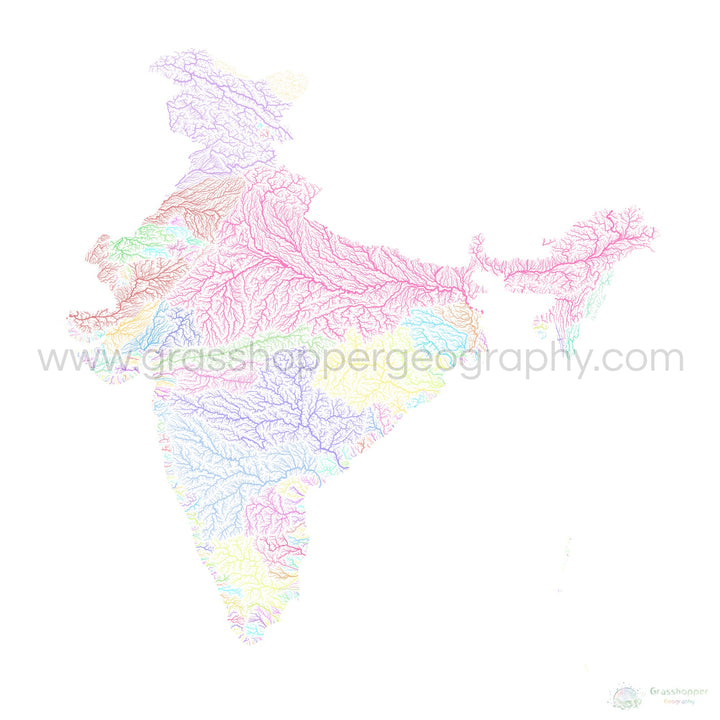 Inde - Carte des bassins fluviaux, pastel sur blanc - Fine Art Print