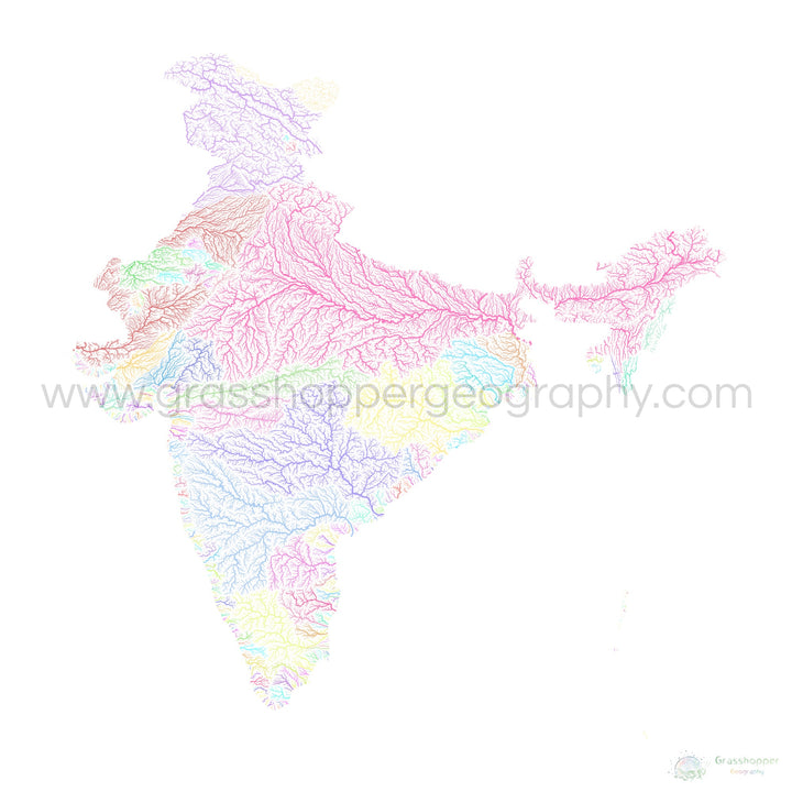 भारत - नदी बेसिन मानचित्र, सफ़ेद पर पेस्टल - फाइन आर्ट प्रिंट