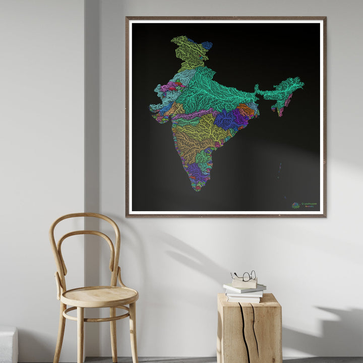Índia - Mapa da bacia hidrográfica, arco-íris em preto - Impressão de belas artes
