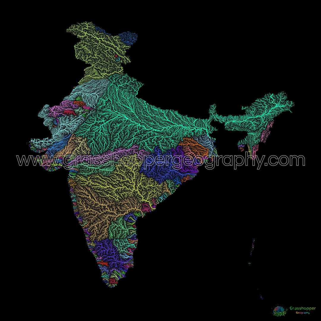 India - Mapa de cuencas fluviales, arco iris sobre negro - Impresión de Bellas Artes