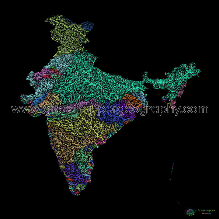 India - River basin map, rainbow on black - Fine Art Print