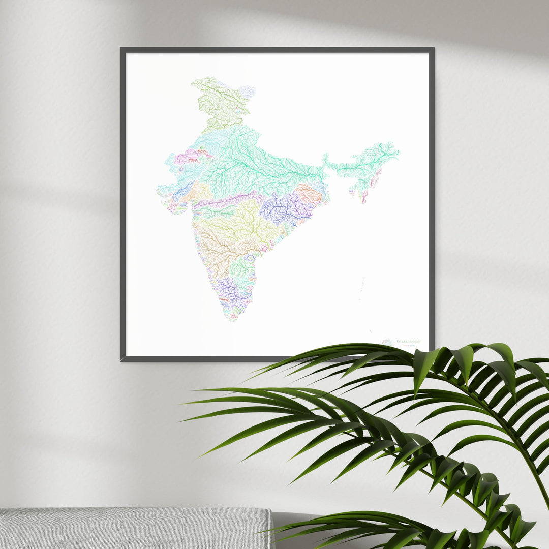 India - Mapa de cuencas fluviales, arco iris sobre blanco - Impresión de Bellas Artes