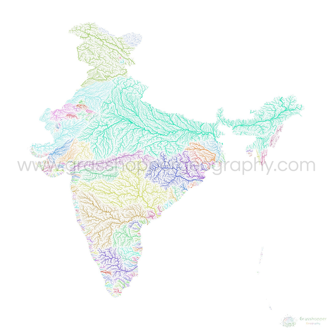 India - River basin map, rainbow on white - Fine Art Print