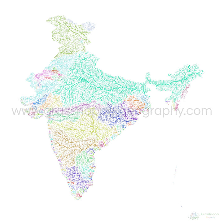Inde - Carte des bassins fluviaux, arc-en-ciel sur blanc - Fine Art Print