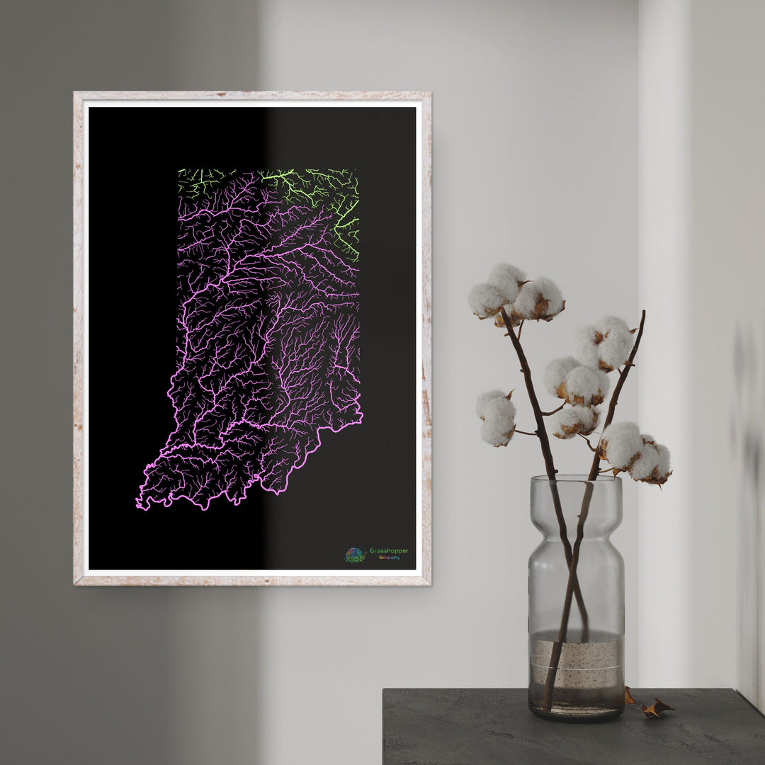 Indiana - Mapa de la cuenca fluvial, pastel sobre negro - Impresión de Bellas Artes