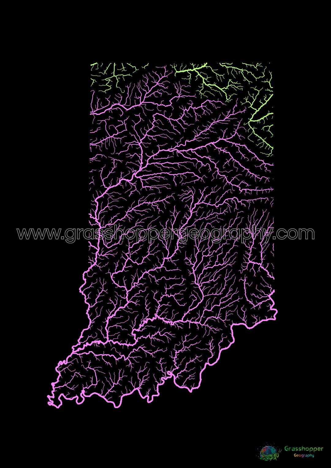 River basin map of Indiana, pastel colours on black - Fine Art Print