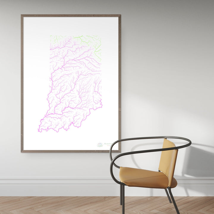 Indiana - Carte du bassin fluvial, pastel sur blanc - Fine Art Print