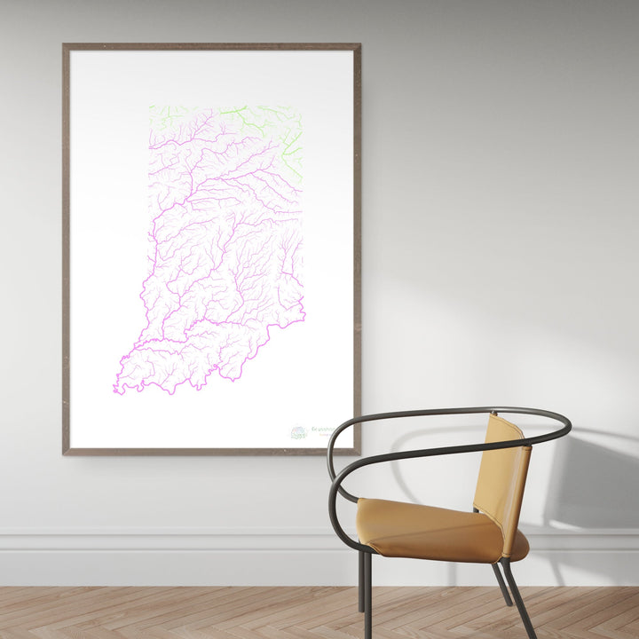 River basin map of Indiana, pastel colours on white - Fine Art Print