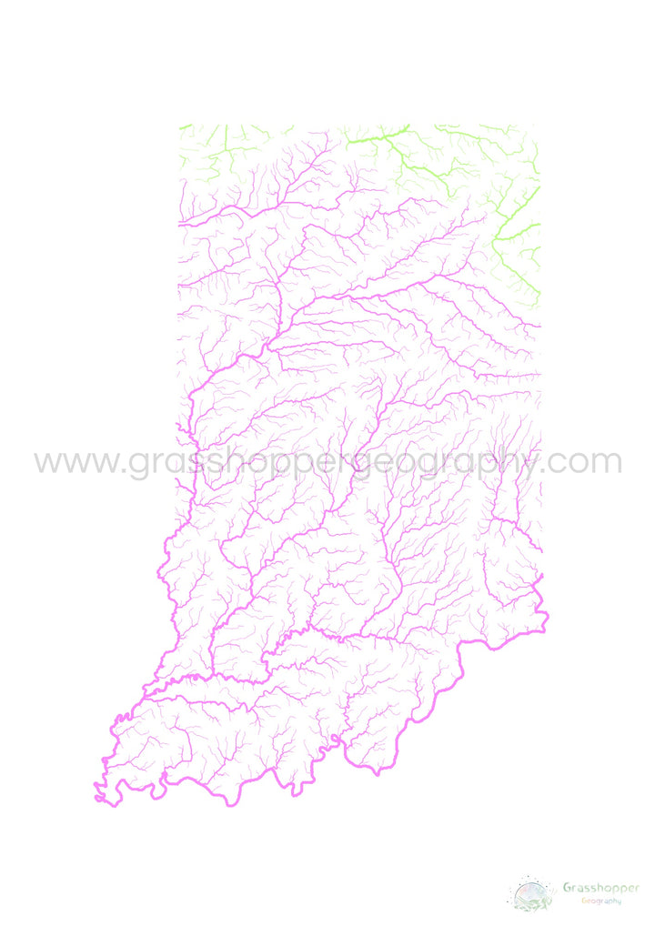 River basin map of Indiana, pastel colours on white - Fine Art Print