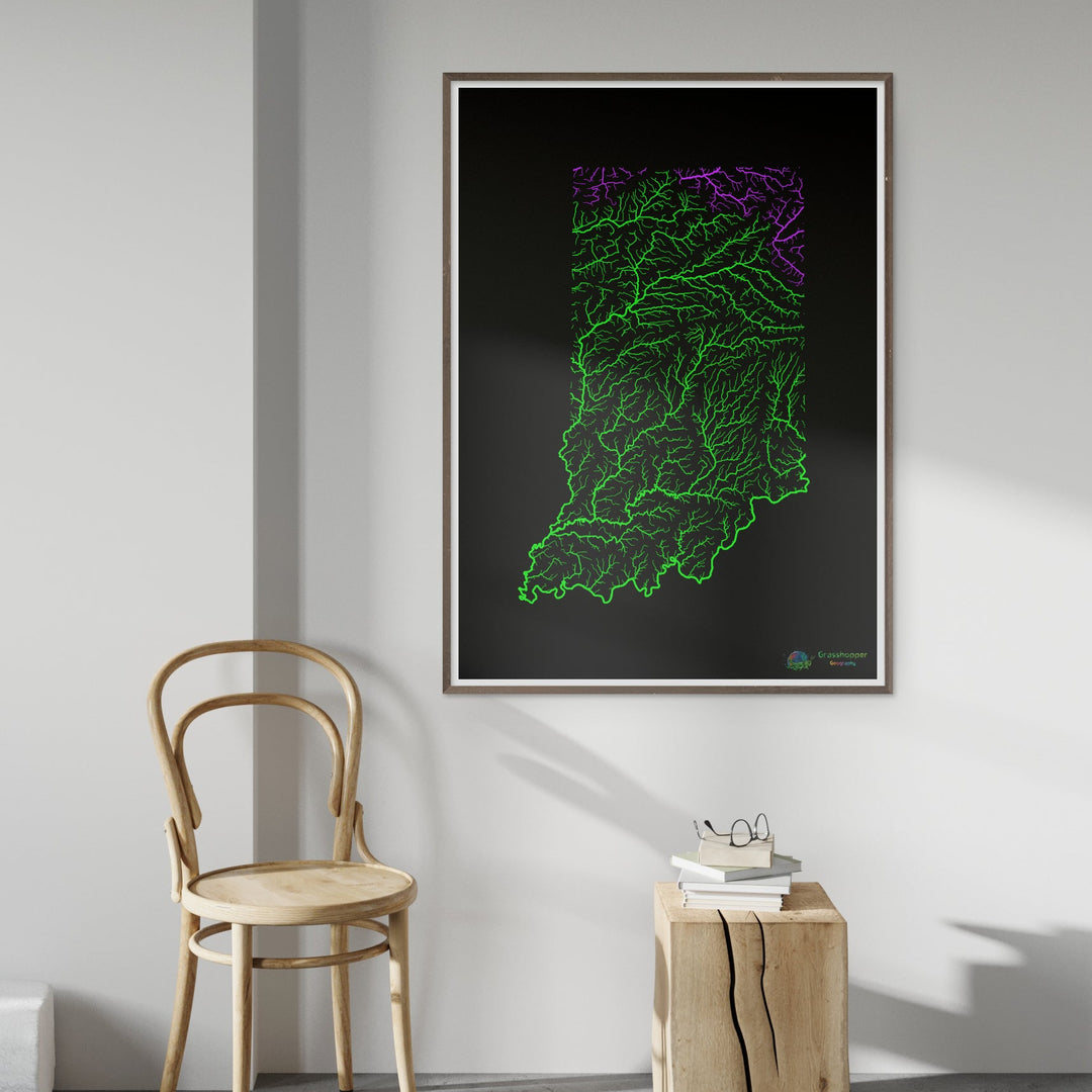 Indiana - River basin map, rainbow on black - Fine Art Print