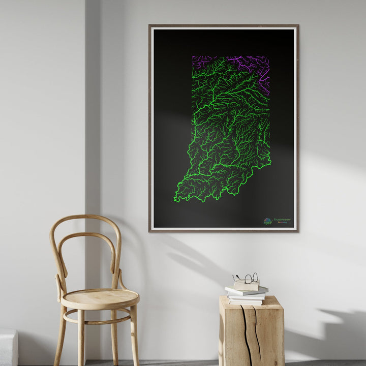 印第安纳州 - 河流流域地图，黑色彩虹 - 美术印刷品