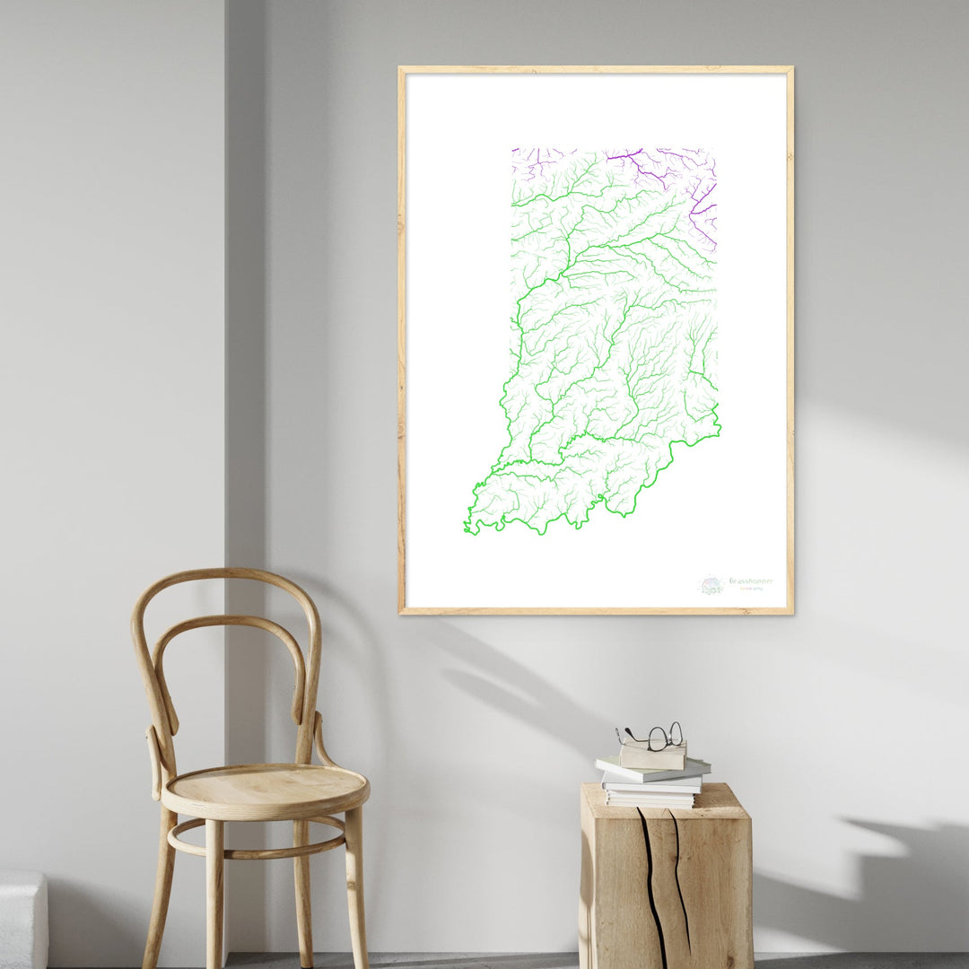 Indiana - Carte du bassin fluvial, arc-en-ciel sur blanc - Fine Art Print