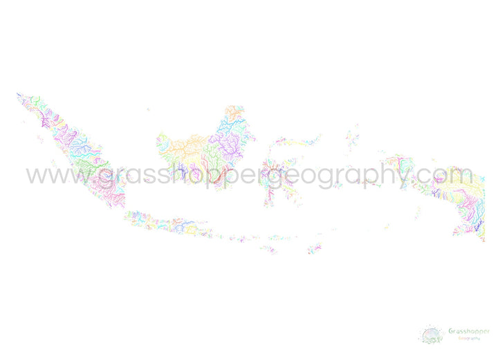 Indonésie - Carte des bassins fluviaux, pastel sur blanc - Fine Art Print