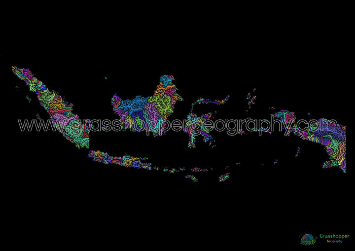 Indonesia - Mapa de la cuenca fluvial, arco iris sobre negro - Impresión de bellas artes
