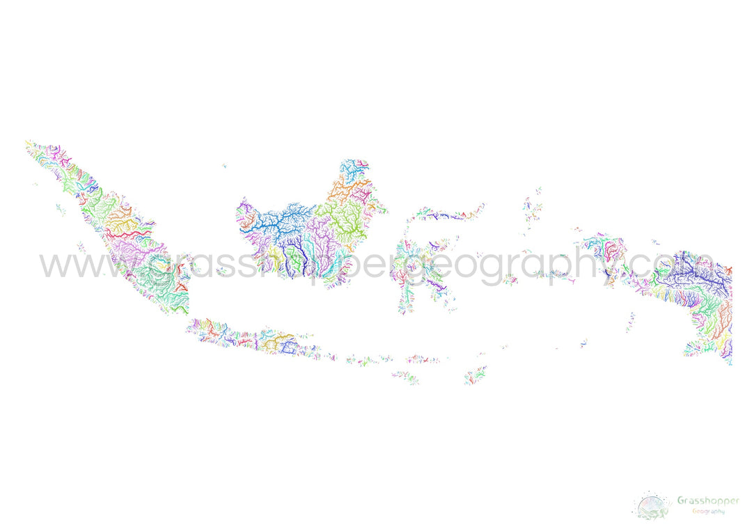 Indonésie - Carte des bassins fluviaux, arc-en-ciel sur blanc - Fine Art Print