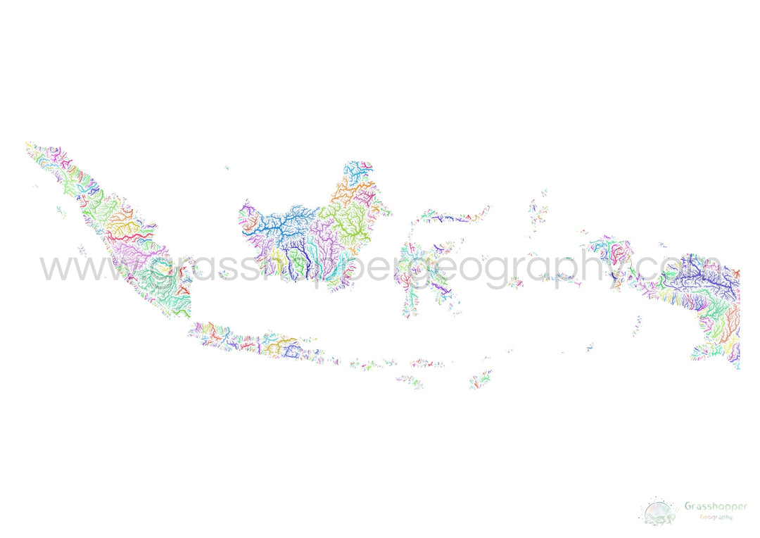 Indonesia - River basin map, rainbow on white - Fine Art Print