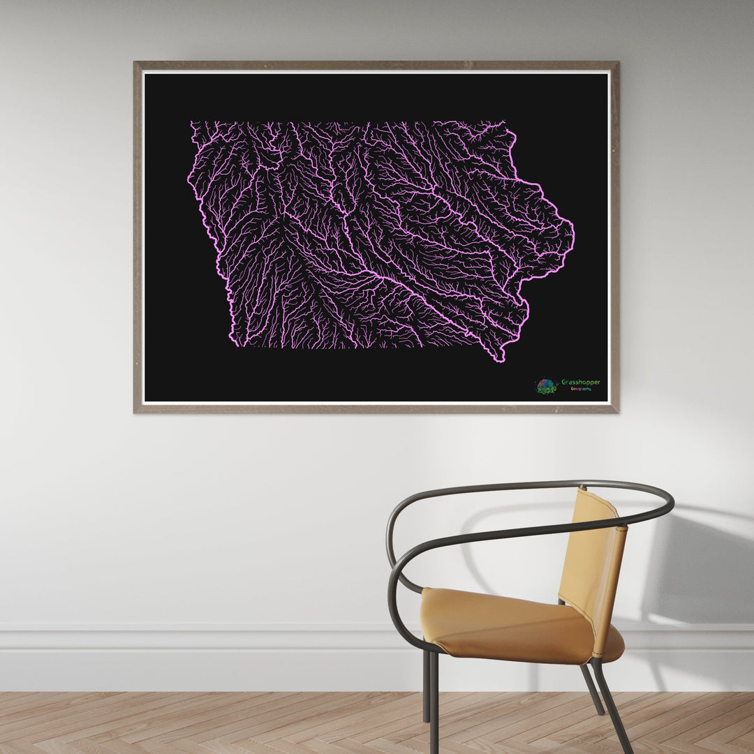 Iowa - Carte du bassin fluvial, pastel sur noir - Fine Art Print