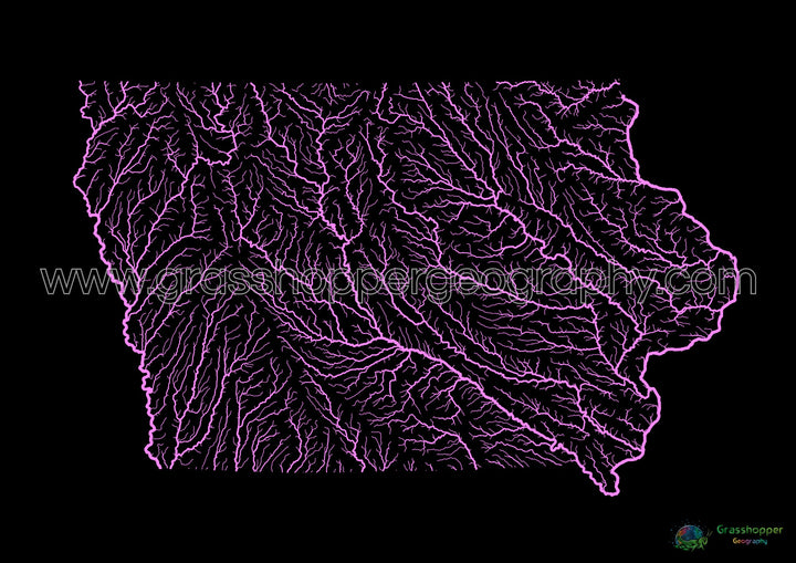 Iowa - Carte du bassin fluvial, pastel sur noir - Fine Art Print