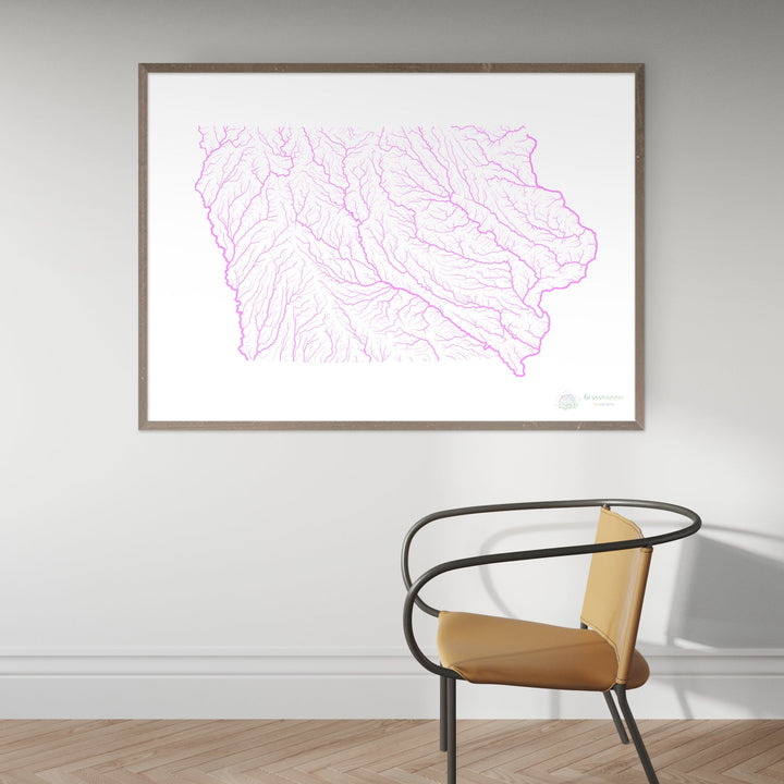 Iowa - Carte du bassin fluvial, pastel sur blanc - Fine Art Print