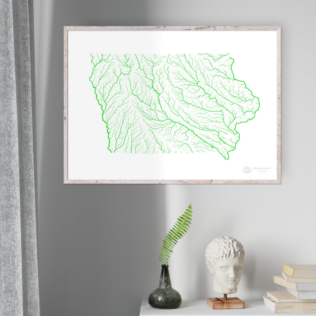 Iowa - River basin map, rainbow on white - Fine Art Print