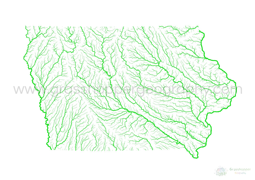 River basin map of Iowa, rainbow colours on white Fine Art Print