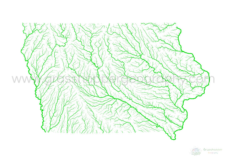 River basin map of Iowa, rainbow colours on white Fine Art Print