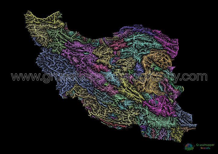 ईरान - नदी बेसिन का नक्शा, काले रंग पर पेस्टल - फाइन आर्ट प्रिंट