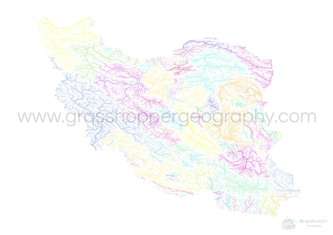 Irán - Mapa de la cuenca fluvial, pastel sobre blanco - Impresión de Bellas Artes