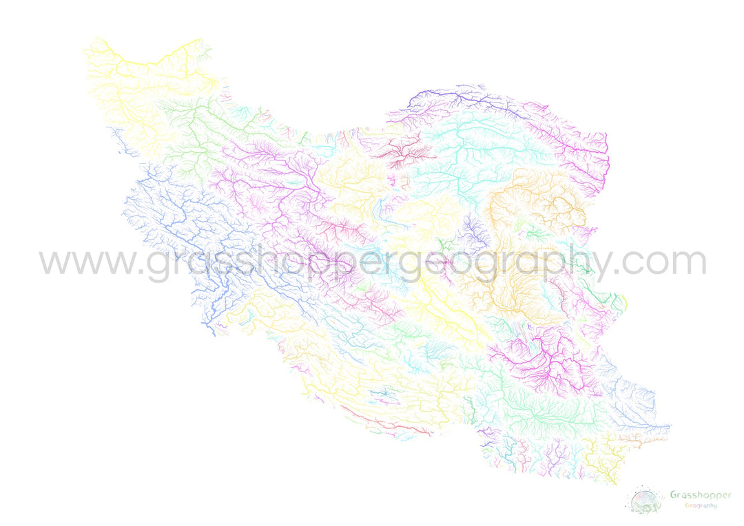 Irã - Mapa da bacia hidrográfica, pastel sobre branco - Impressão de belas artes