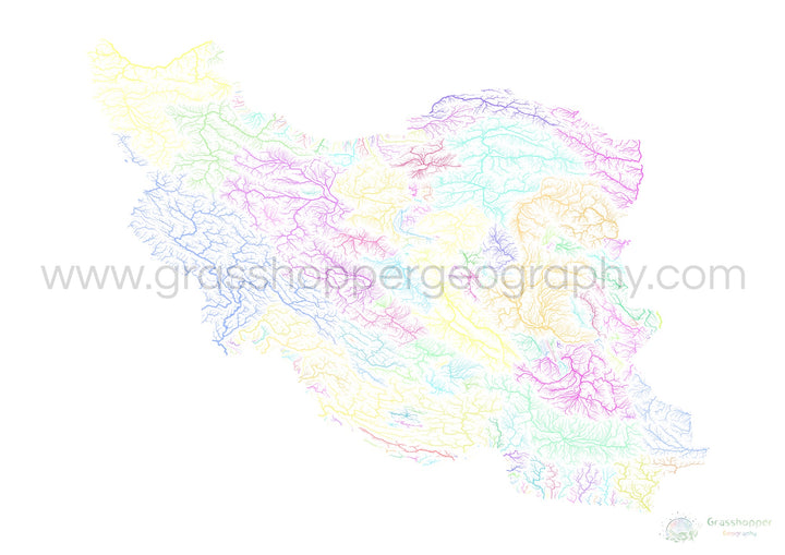 Iran - Carte des bassins fluviaux, pastel sur blanc - Fine Art Print