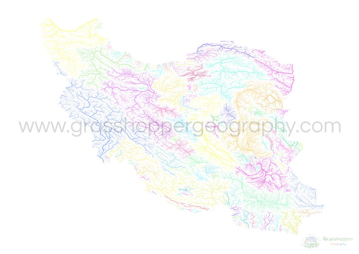 Irã - Mapa da bacia hidrográfica, pastel sobre branco - Impressão de belas artes