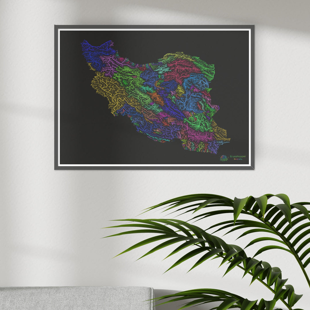 Iran - River basin map, rainbow on black - Fine Art Print