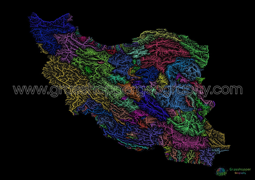 River basin map of Iran, rainbow colours on black - Fine Art Print