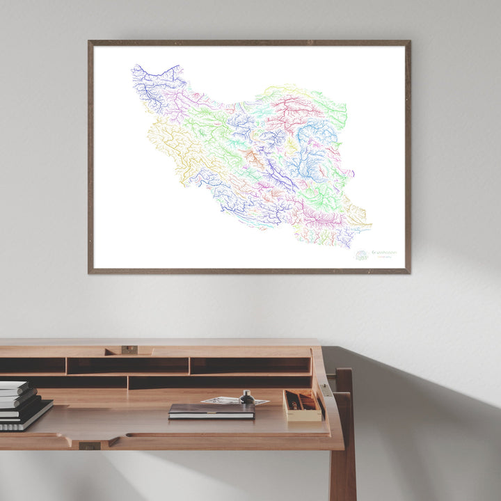 Iran - River basin map, rainbow on white - Fine Art Print