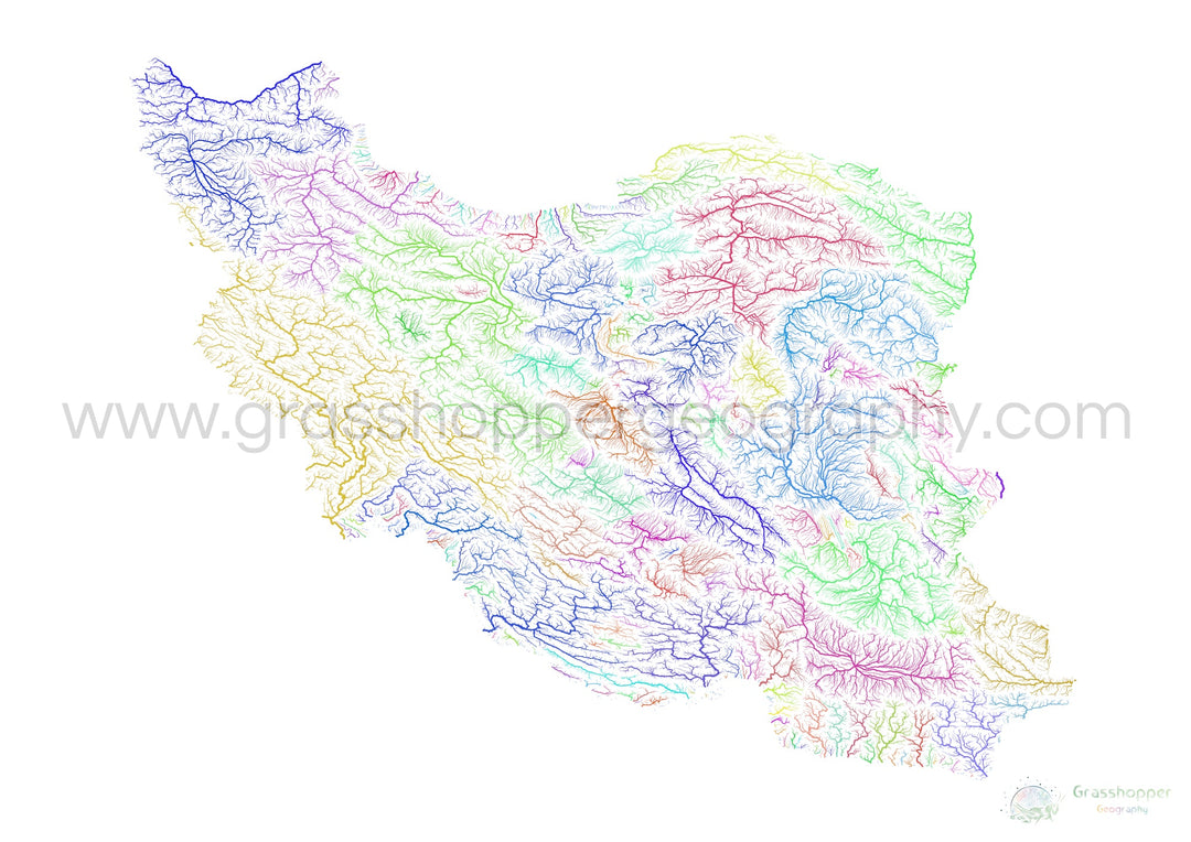 Iran - River basin map, rainbow on white - Fine Art Print