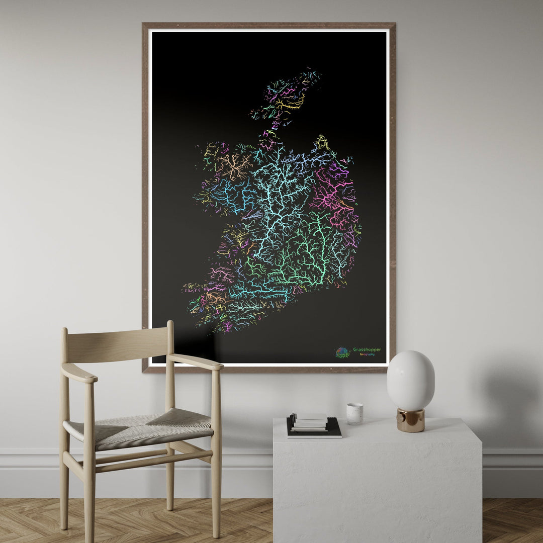 River basin map of Ireland, pastel colours on black - Fine Art Print
